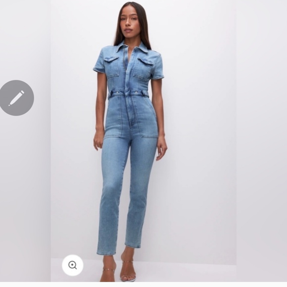 Good American Light Blue Denim Jumpsuit with Short Sleeves